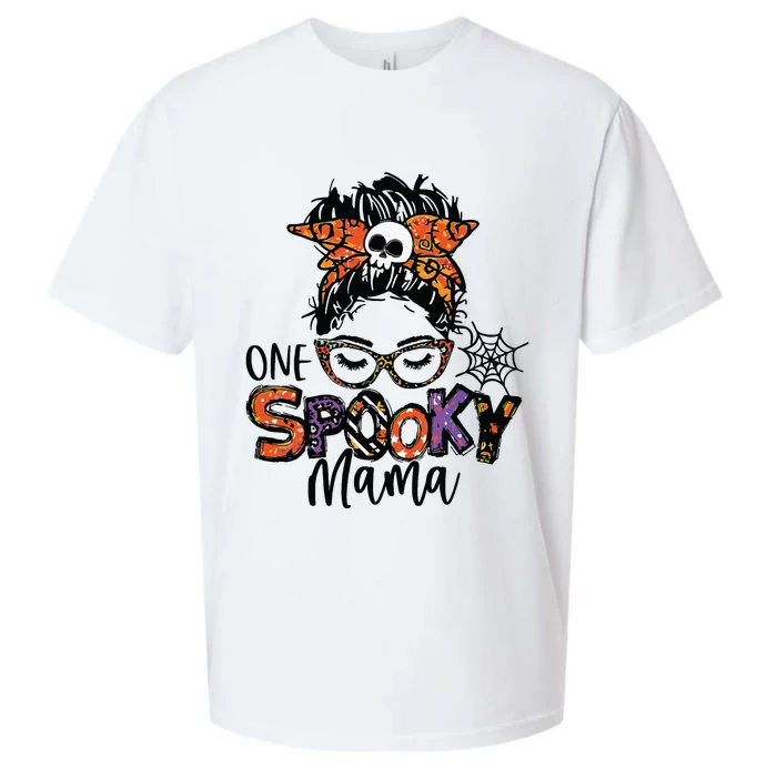 Groovy One Spooky Mama Messy Bun Witch Mom Halloween Sueded Cloud Jersey T-Shirt