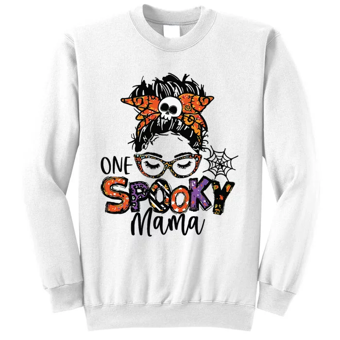 Groovy One Spooky Mama Messy Bun Witch Mom Halloween Sweatshirt