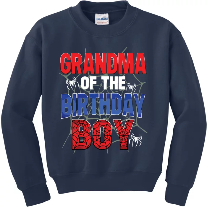 Grandma Of The Birthday Boy Matching Family Spider Web Kids Sweatshirt