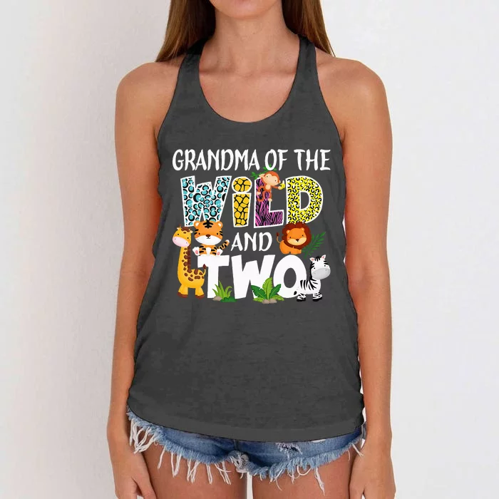 Grandma Of The Wild and Two Zoo Safari Jungle Birthday Women's Knotted Racerback Tank