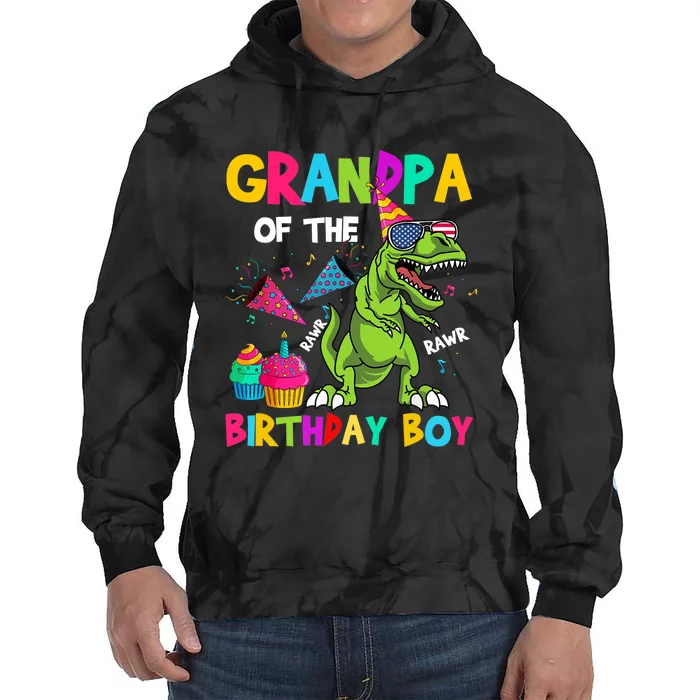 Grandpa Of The Birthday Boy T-Rex Dinosaur Birthday Tie Dye Hoodie