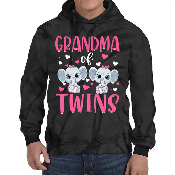 Grandma Of Twins Gender Reveal Elephant Baby Girls Shower Tie Dye Hoodie