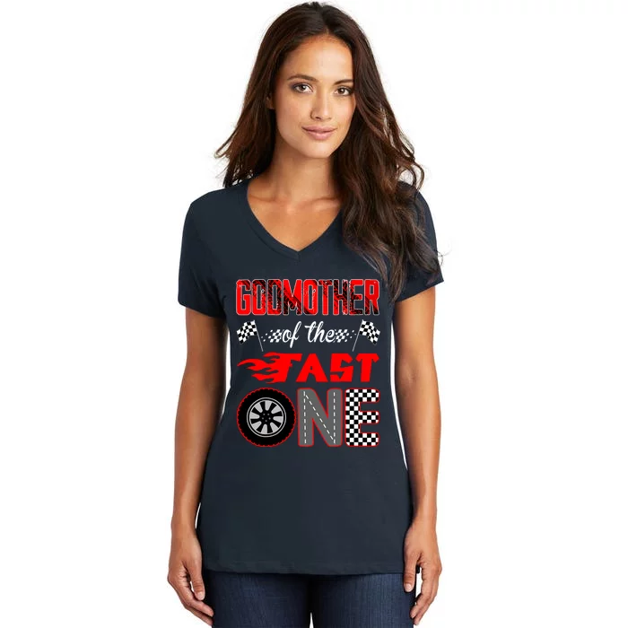 Godmother Of The Fast One First Birthday Racing Car Family Women's V-Neck T-Shirt