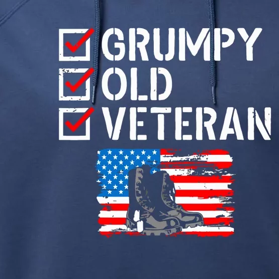 Grumpy Old Veteran Patriotic American Military Veteran Flag Performance Fleece Hoodie