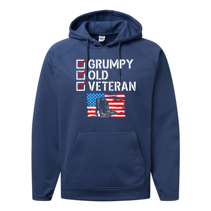 Grumpy Old Veteran Patriotic American Military Veteran Flag Performance Fleece Hoodie