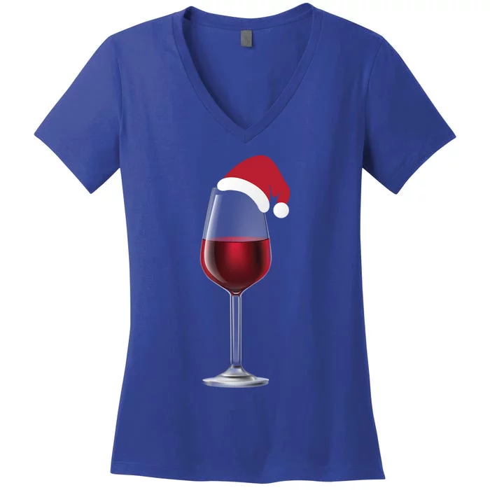 Glass Of Wine With Santa Christmas Hat Funny Ing Gift Women's V-Neck T-Shirt