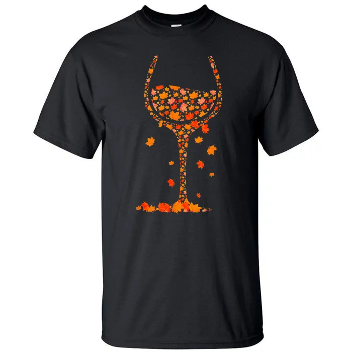 Glass Of Wine Maple Leaf Autumn Fall Funny Drink Wine Lover Tall T-Shirt