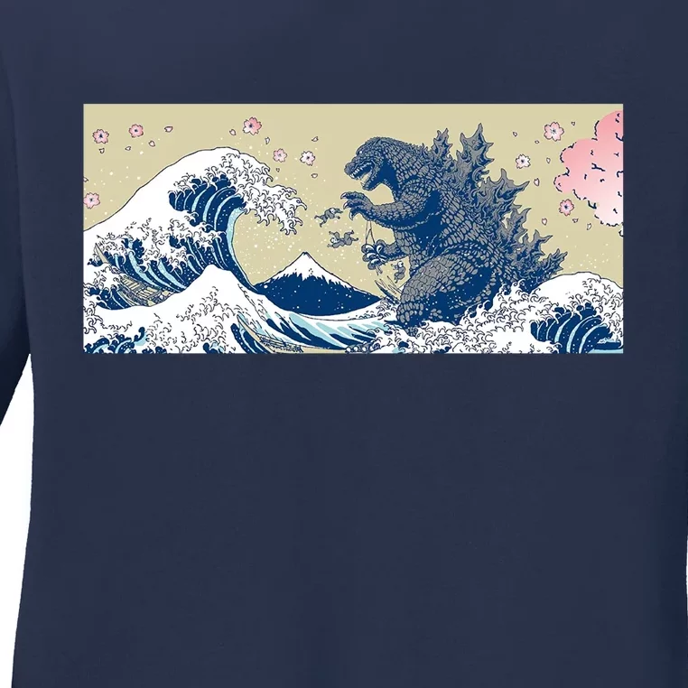 Monster VS the Great Wave Of Kanagaw Ladies Long Sleeve Shirt