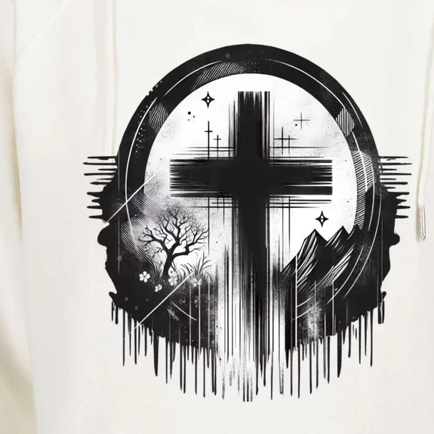 Gothic Punk Art Christian Cross Of Jesus Distressed Graphic Cute Gift Womens Funnel Neck Pullover Hood