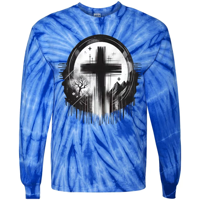 Gothic Punk Art Christian Cross Of Jesus Distressed Graphic Cute Gift Tie-Dye Long Sleeve Shirt