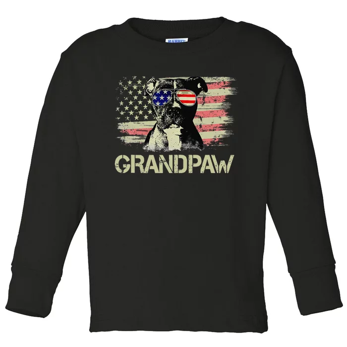 Grandpaw Pitbull American Flag Sunglasses Pittie Dog Grandpa Toddler Long Sleeve Shirt