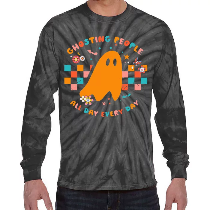 Ghosting People All Day Every Day Groovy Retro Halloween Tie-Dye Long Sleeve Shirt