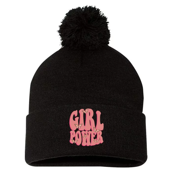 Girl Power Butterfly Retro Pom Pom 12in Knit Beanie