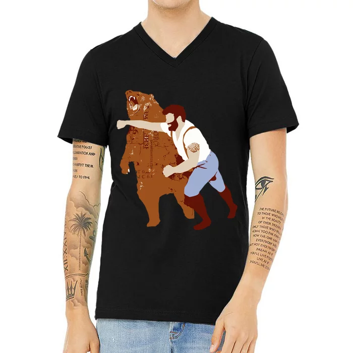 Guy Punching Bear V-Neck T-Shirt