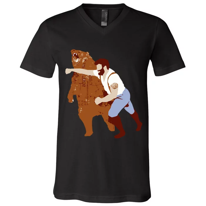 Guy Punching Bear V-Neck T-Shirt