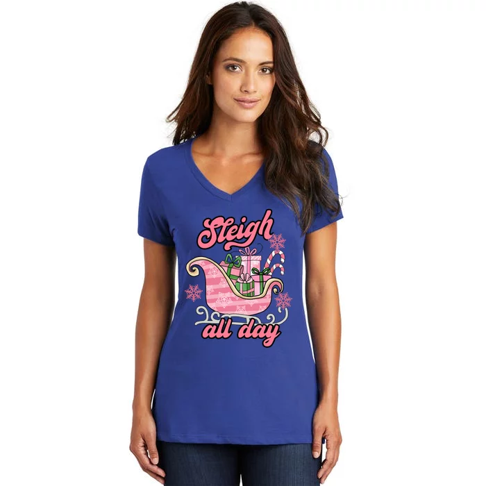 Groovy Pink Christmas Sleigh Tees Sleigh Xmas All Day Gift Women's V-Neck T-Shirt