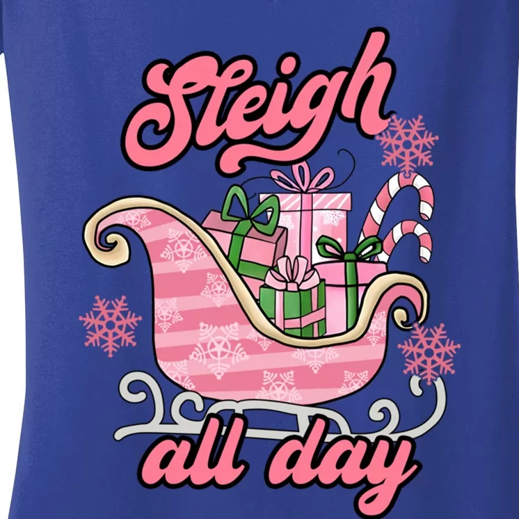 Groovy Pink Christmas Sleigh Tees Sleigh Xmas All Day Gift Women's V-Neck T-Shirt