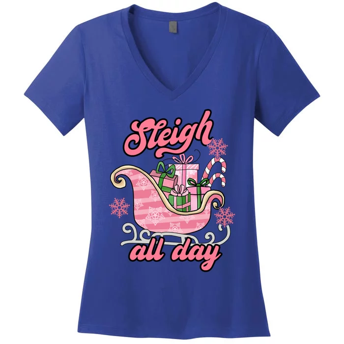 Groovy Pink Christmas Sleigh Tees Sleigh Xmas All Day Gift Women's V-Neck T-Shirt