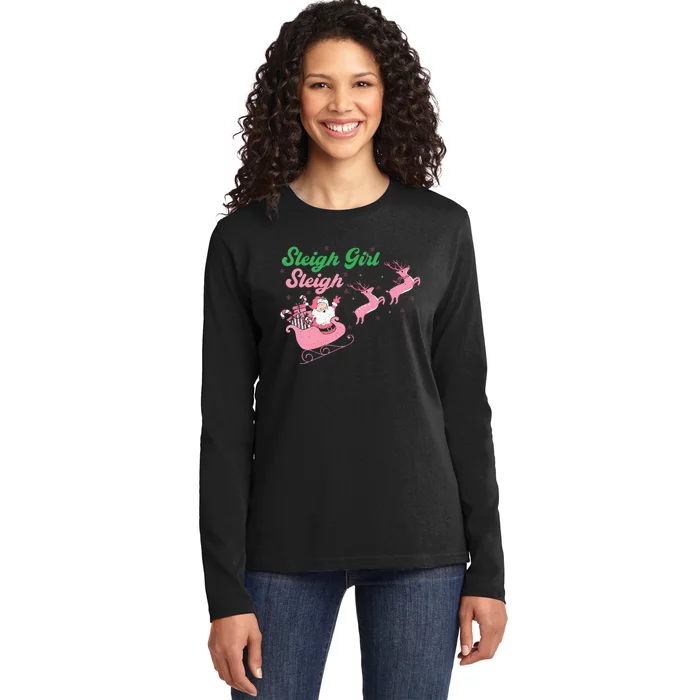 Groovy Pink Christmas Coffee Sleigh Girl Sleigh Xmas Holiday Ladies Long Sleeve Shirt