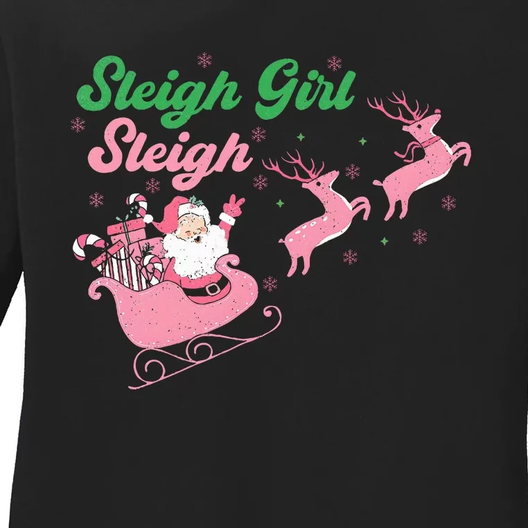 Groovy Pink Christmas Coffee Sleigh Girl Sleigh Xmas Holiday Ladies Long Sleeve Shirt