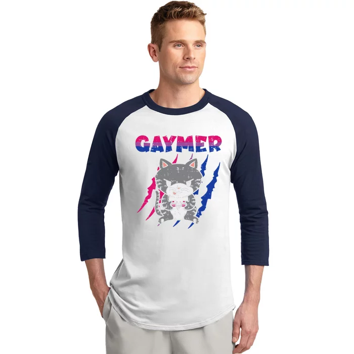 Gaymer Purride Cat Video Game Gamer LGBTQ Bisexual Flag Gay Baseball Sleeve Shirt