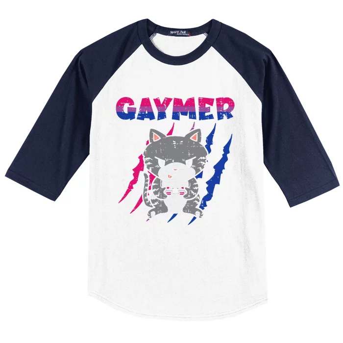 Gaymer Purride Cat Video Game Gamer LGBTQ Bisexual Flag Gay Baseball Sleeve Shirt