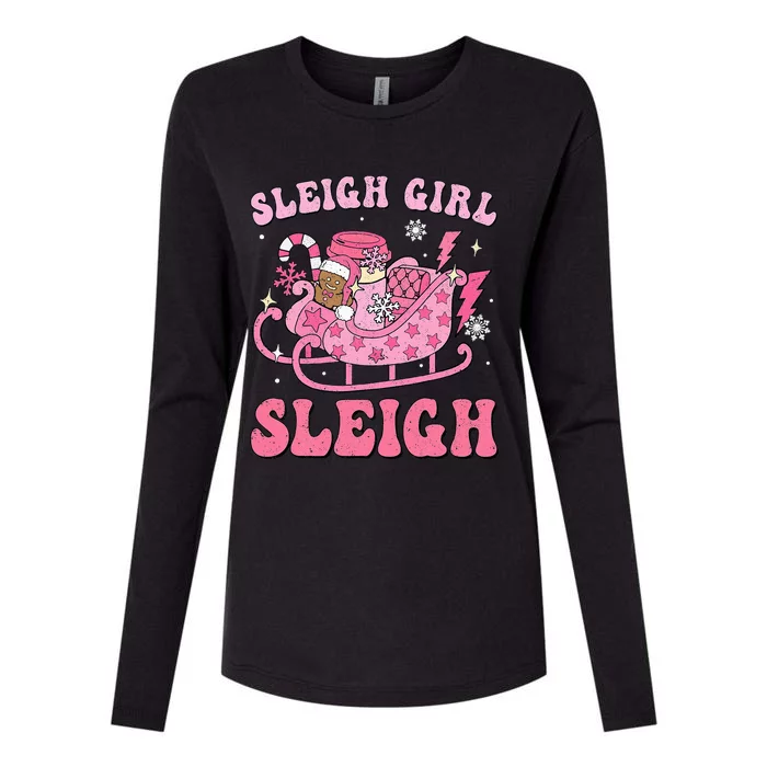 Groovy Pink Christmas Coffee Sleigh Girl Sleigh Xmas Holiday Womens Cotton Relaxed Long Sleeve T-Shirt