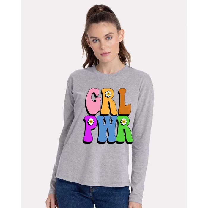 Girl Power Cute Sunflower Retro Colorful Womens Cotton Relaxed Long Sleeve T-Shirt