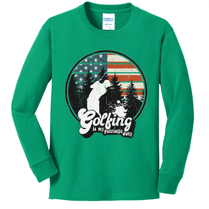 Golfing Patriotic Duty Golfer American Flag Playing Golf Kids Long Sleeve Shirt