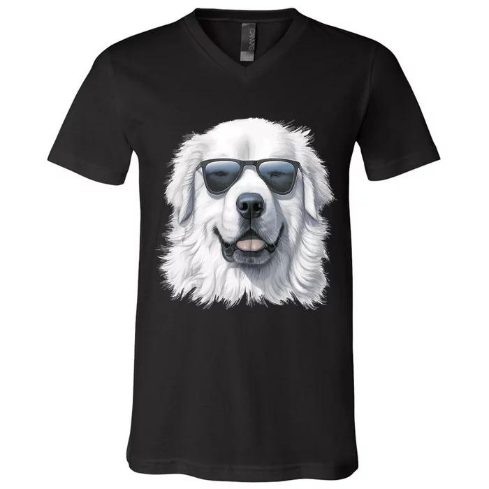 Great Pyrenees Dog With Sunglasses Great Pyrenees V-Neck T-Shirt