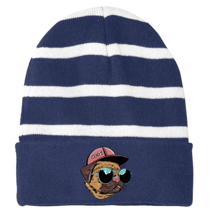 Gangster Pug Dog Hipster Cool Shades Striped Beanie with Solid Band