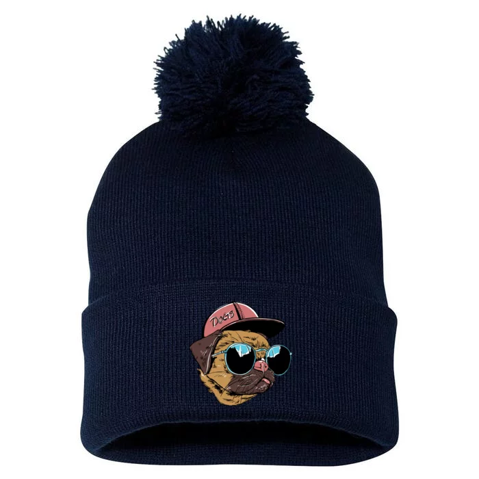 Gangster Pug Dog Hipster Cool Shades Pom Pom 12in Knit Beanie