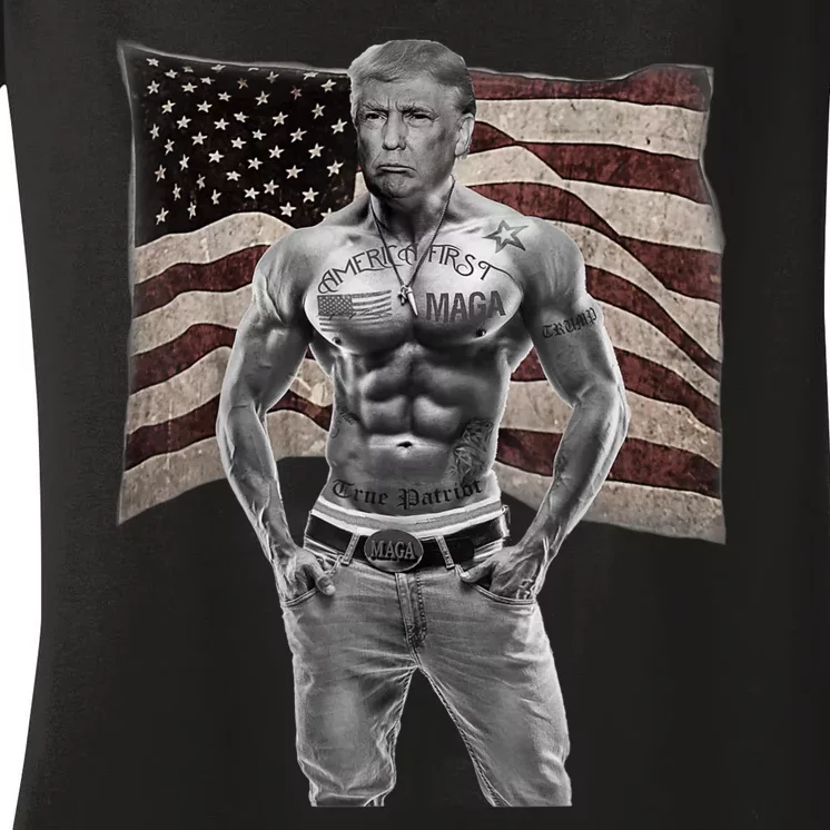 Gangster Pro Donald Trump Tattoo Republican American Flag Women's V-Neck T-Shirt