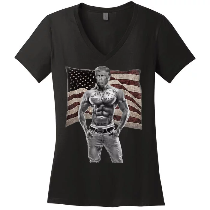 Gangster Pro Donald Trump Tattoo Republican American Flag Women's V-Neck T-Shirt