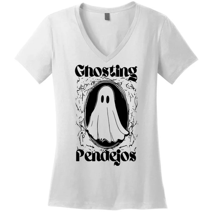 Ghosting Pendejos Funny Mexican Ghost Halloween Women's V-Neck T-Shirt