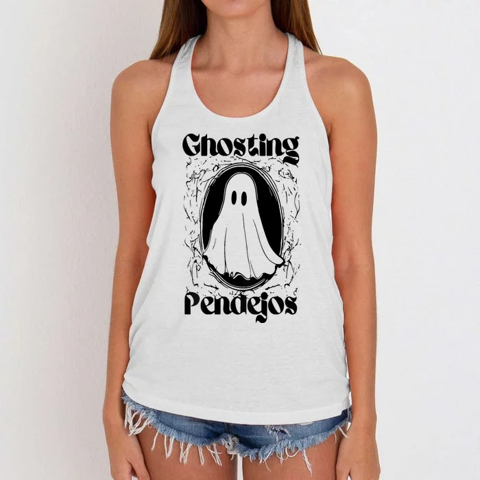 Ghosting Pendejos Funny Mexican Ghost Halloween (On Back) Women's Knotted Racerback Tank