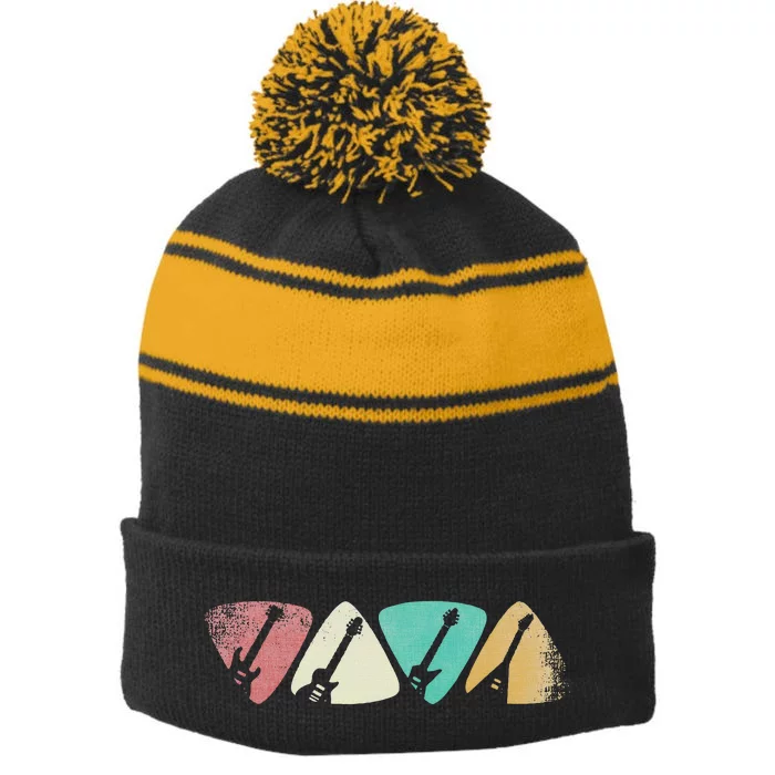 Guitar Pick Gift For Guitarist Retro Vintage Stripe Pom Pom Beanie