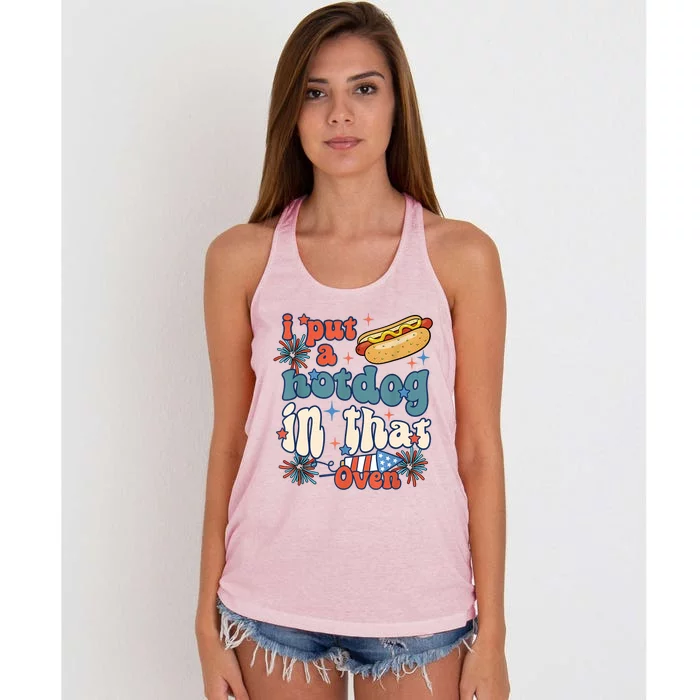 Groovy Put Hotdog In That Oven 4th Of July Pregnancy Women's Knotted Racerback Tank