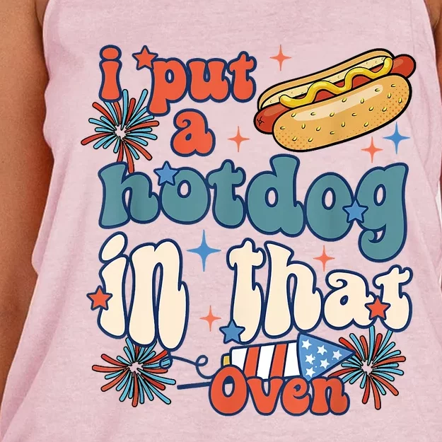 Groovy Put Hotdog In That Oven 4th Of July Pregnancy Women's Knotted Racerback Tank