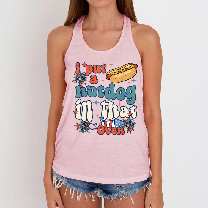 Groovy Put Hotdog In That Oven 4th Of July Pregnancy Women's Knotted Racerback Tank