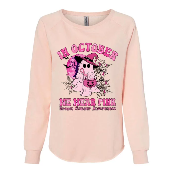 Ghost Pumpkin In October We Wear Breast Cancer Womens California Wash Sweatshirt