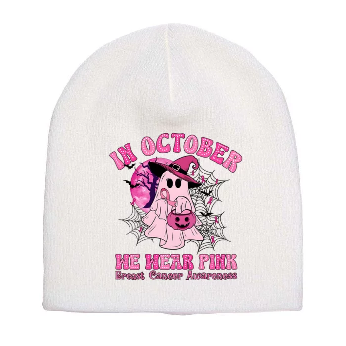 Ghost Pumpkin In October We Wear Breast Cancer Short Acrylic Beanie