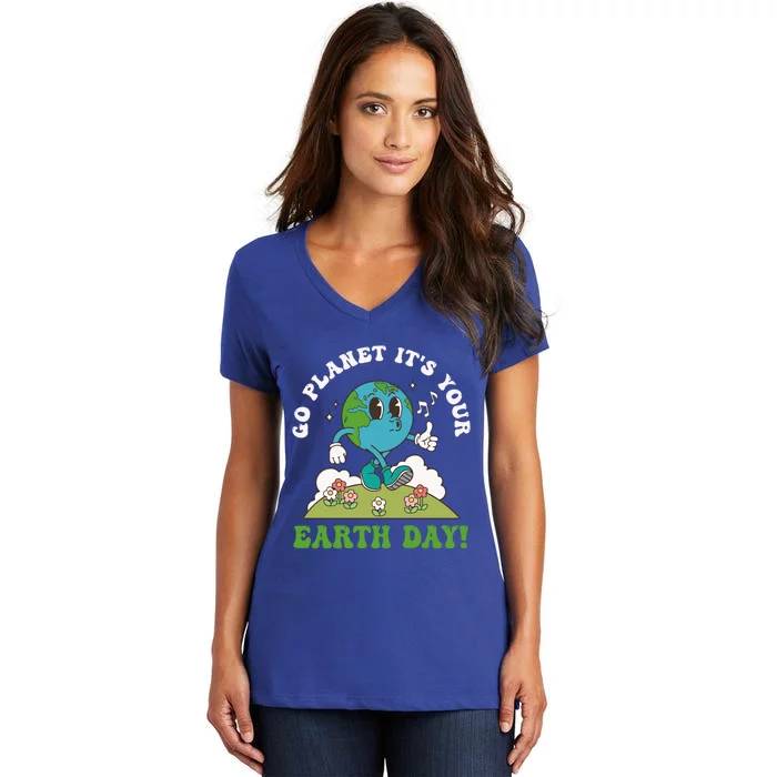 Go Planet It's Your Earth Day Save The Planet Retro Groovy Cute Gift Women's V-Neck T-Shirt