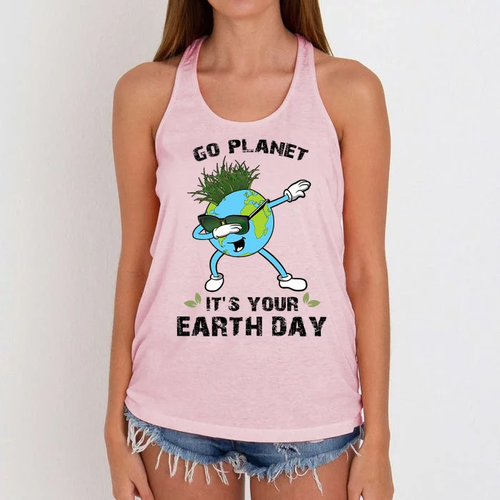 Go Planet ItS Your Earth Day Dabbing Earth Women's Knotted Racerback Tank