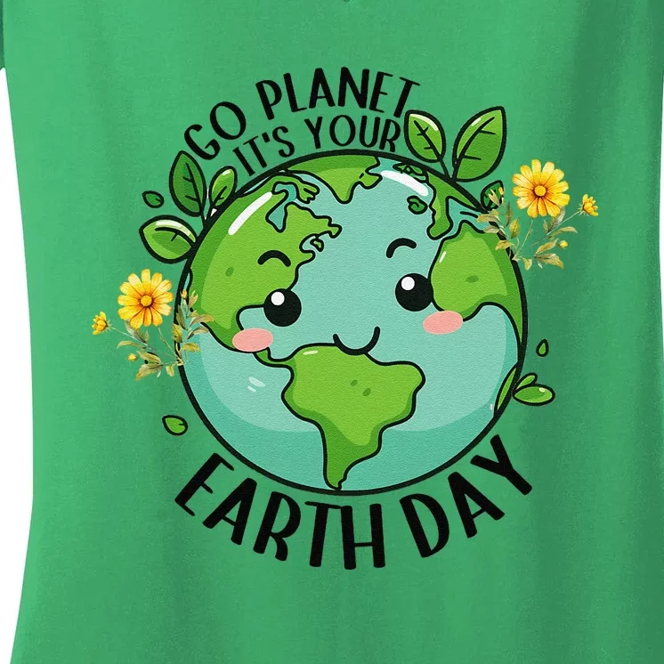 Go Planet Its Your Earth Day 2024 Teacher Cute Earth Women's V-Neck T-Shirt