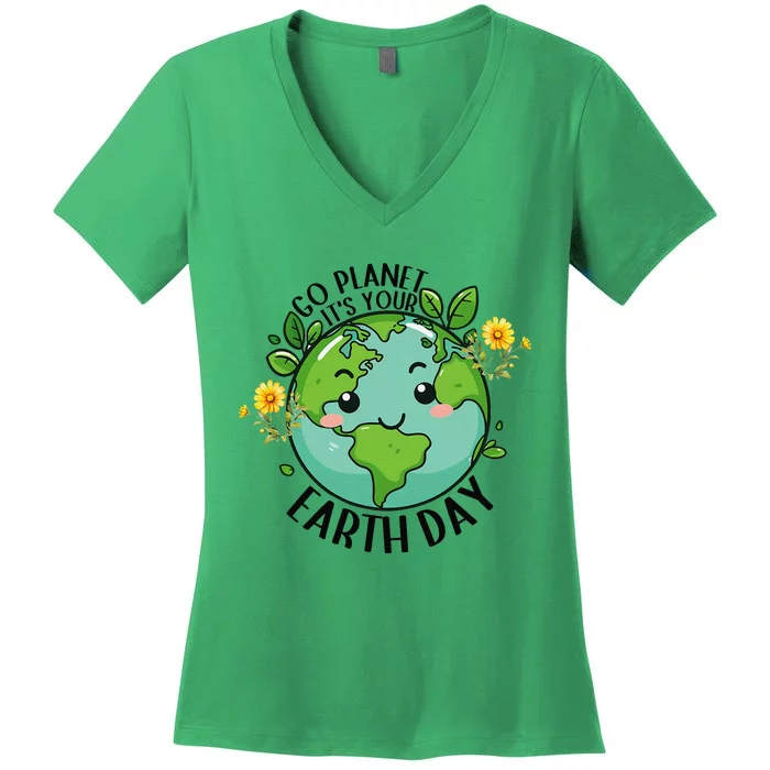 Go Planet Its Your Earth Day 2024 Teacher Cute Earth Women's V-Neck T-Shirt