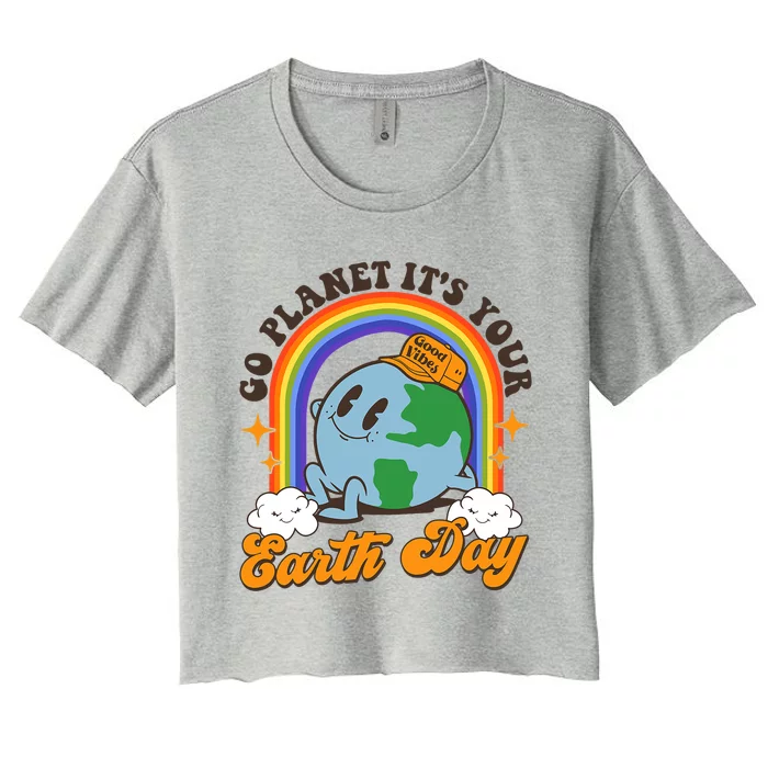 Go Planet Its Your Earth Day Teacher Groovy Environment Women's Crop Top Tee