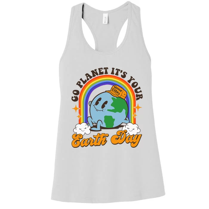 Go Planet Its Your Earth Day Teacher Groovy Environment Women's Racerback Tank