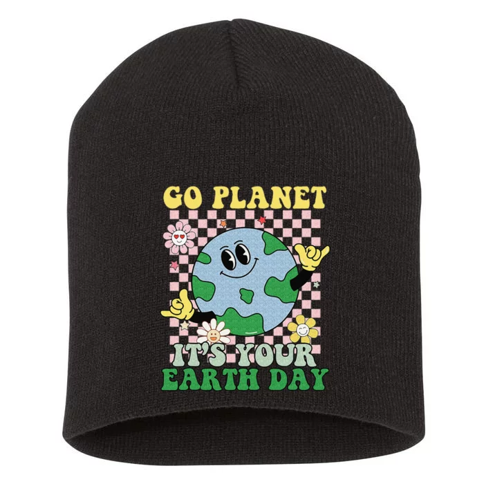 Go Planet Its Your Earth Day Peace Groovy Short Acrylic Beanie