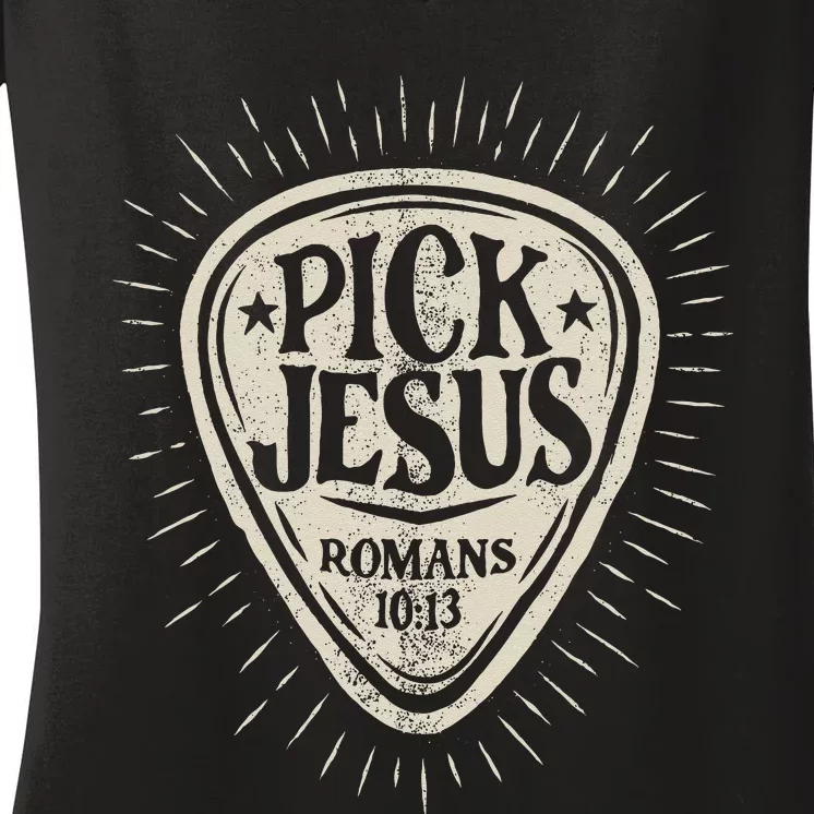 Guitar Pick Jesus Christian Music Guitarist Pastor Retro Women's V-Neck T-Shirt